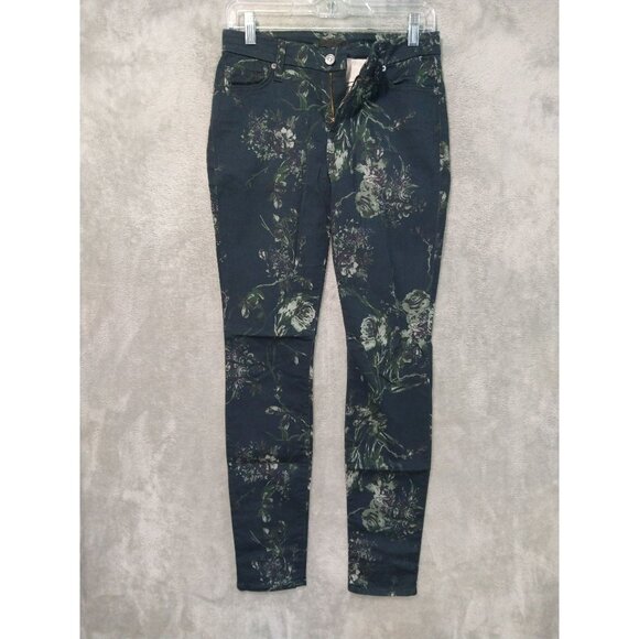 7 For All Mankind Jeans Womens 26 Black Denim Floral Skinny Mid Rise Stretch - Picture 1 of 9